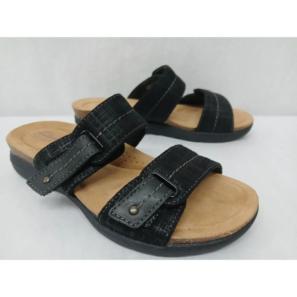 Clarks Women's April‎ Dusk Black Leather Adjustable Sandals 26172318 Sz 7